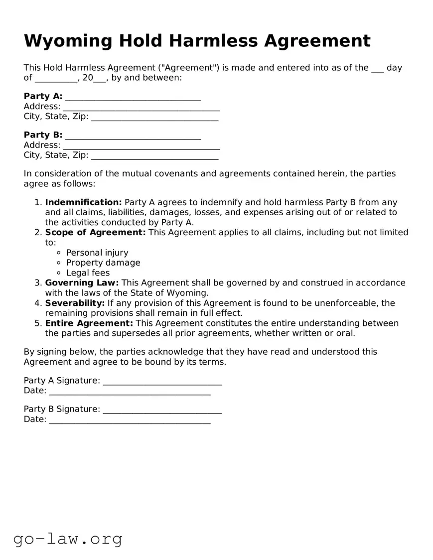 Fillable Wyoming Hold Harmless Agreement Form