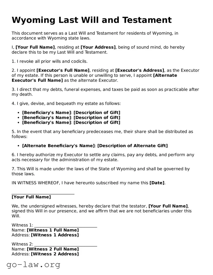 Fillable Wyoming Last Will and Testament Form