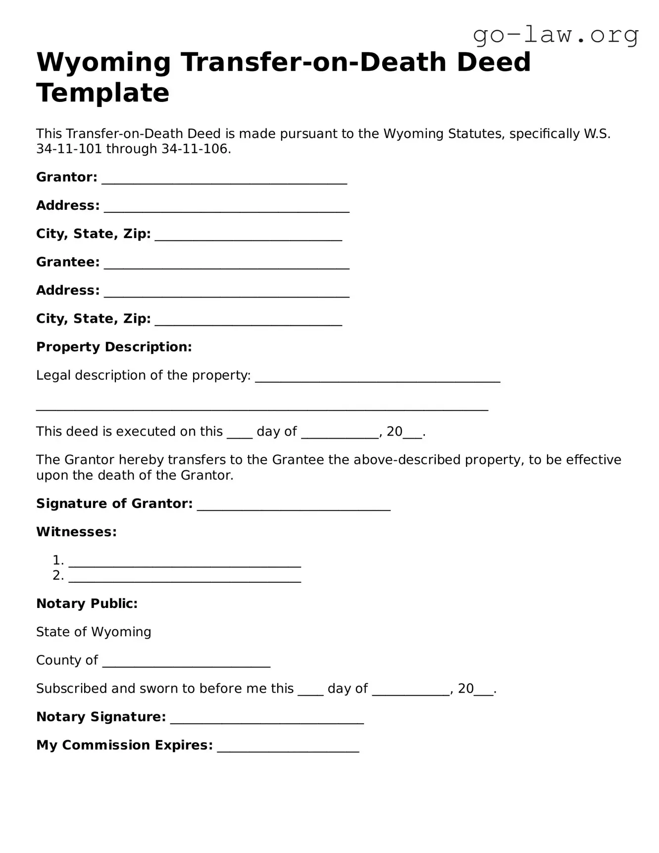 Fillable Wyoming Transfer-on-Death Deed Form