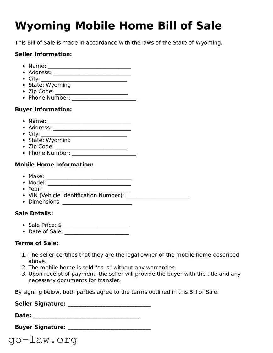 Fillable Wyoming Mobile Home Bill of Sale Form