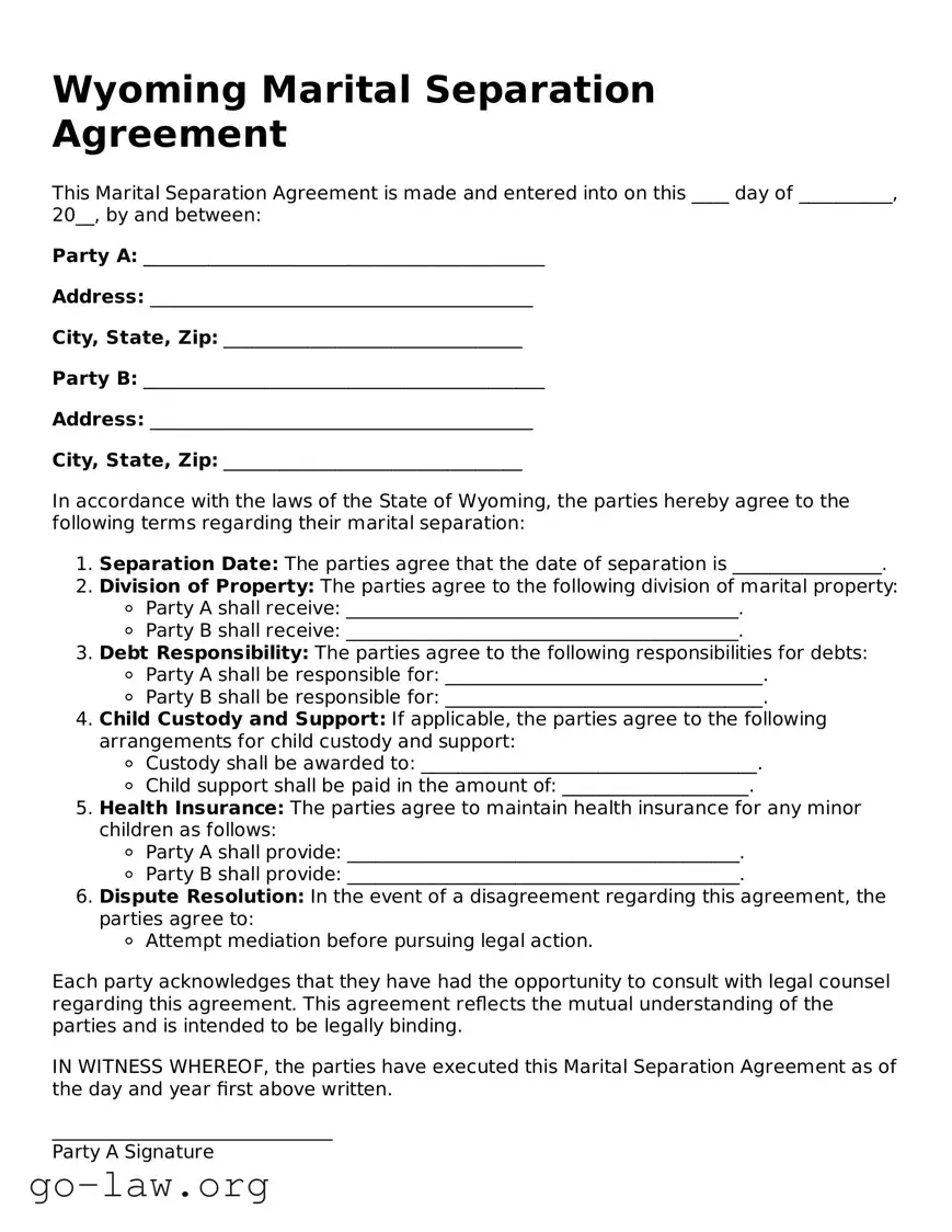 Fillable Wyoming Marital Separation Agreement Form
