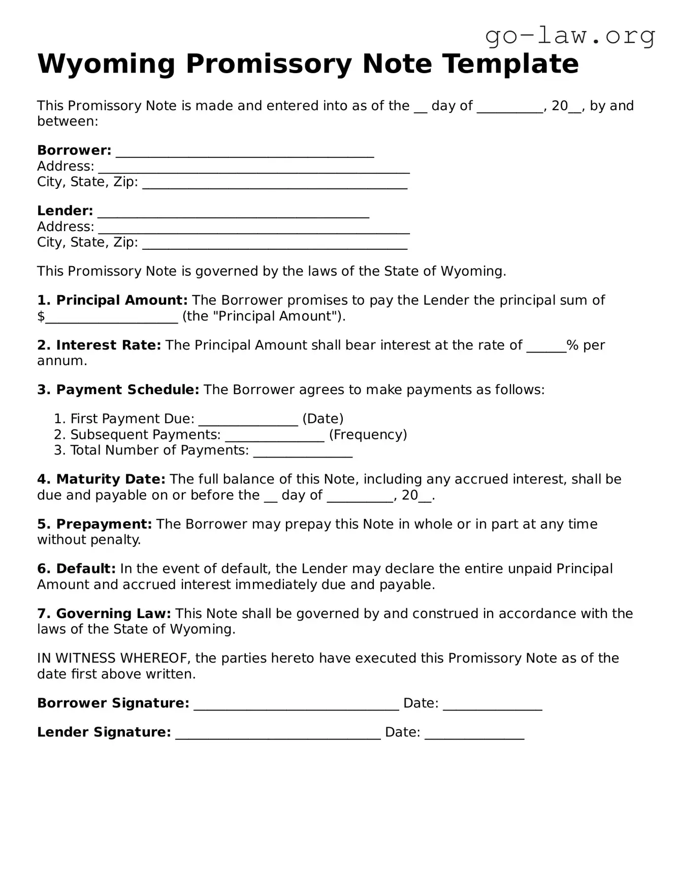 Fillable Wyoming Promissory Note Form