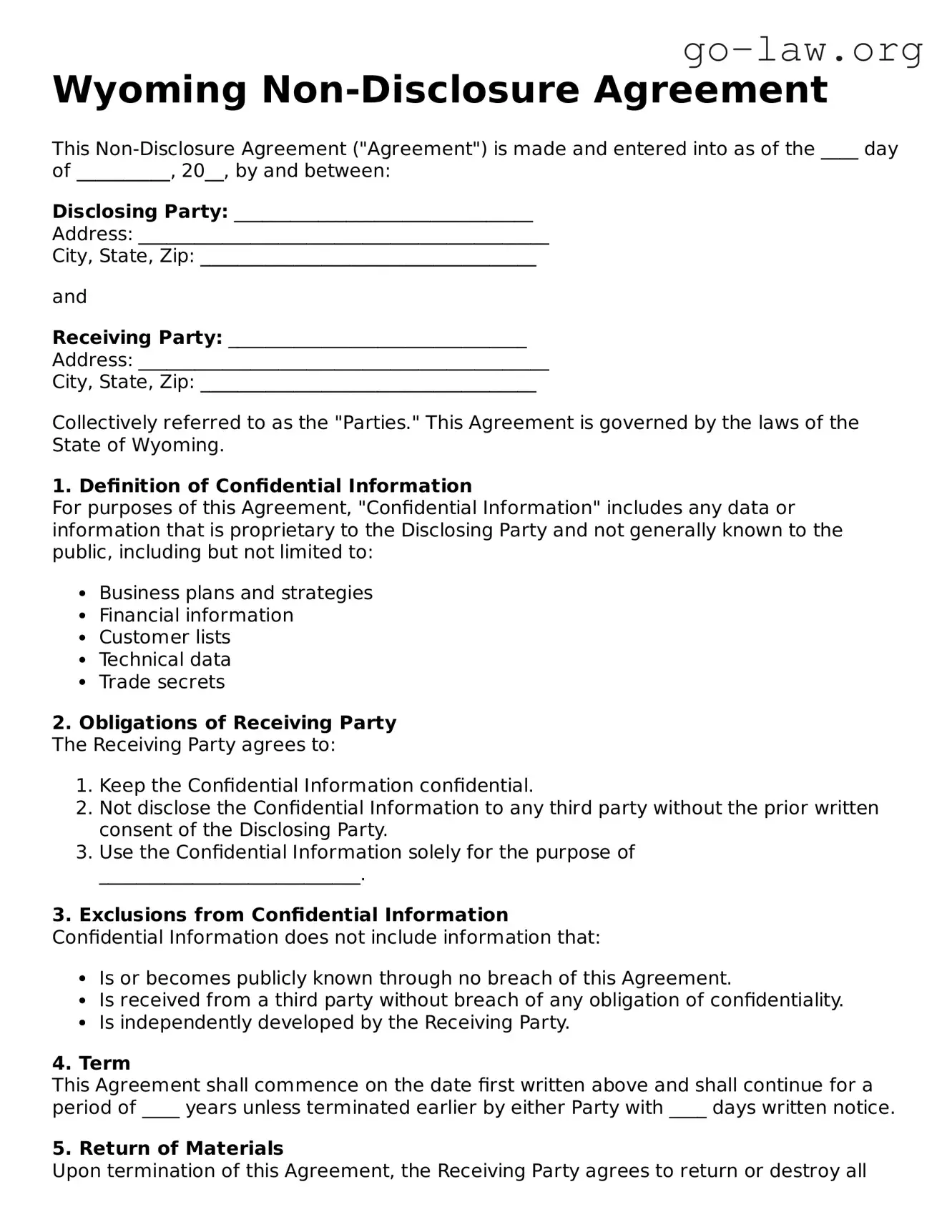 Fillable Wyoming Non-disclosure Agreement Form