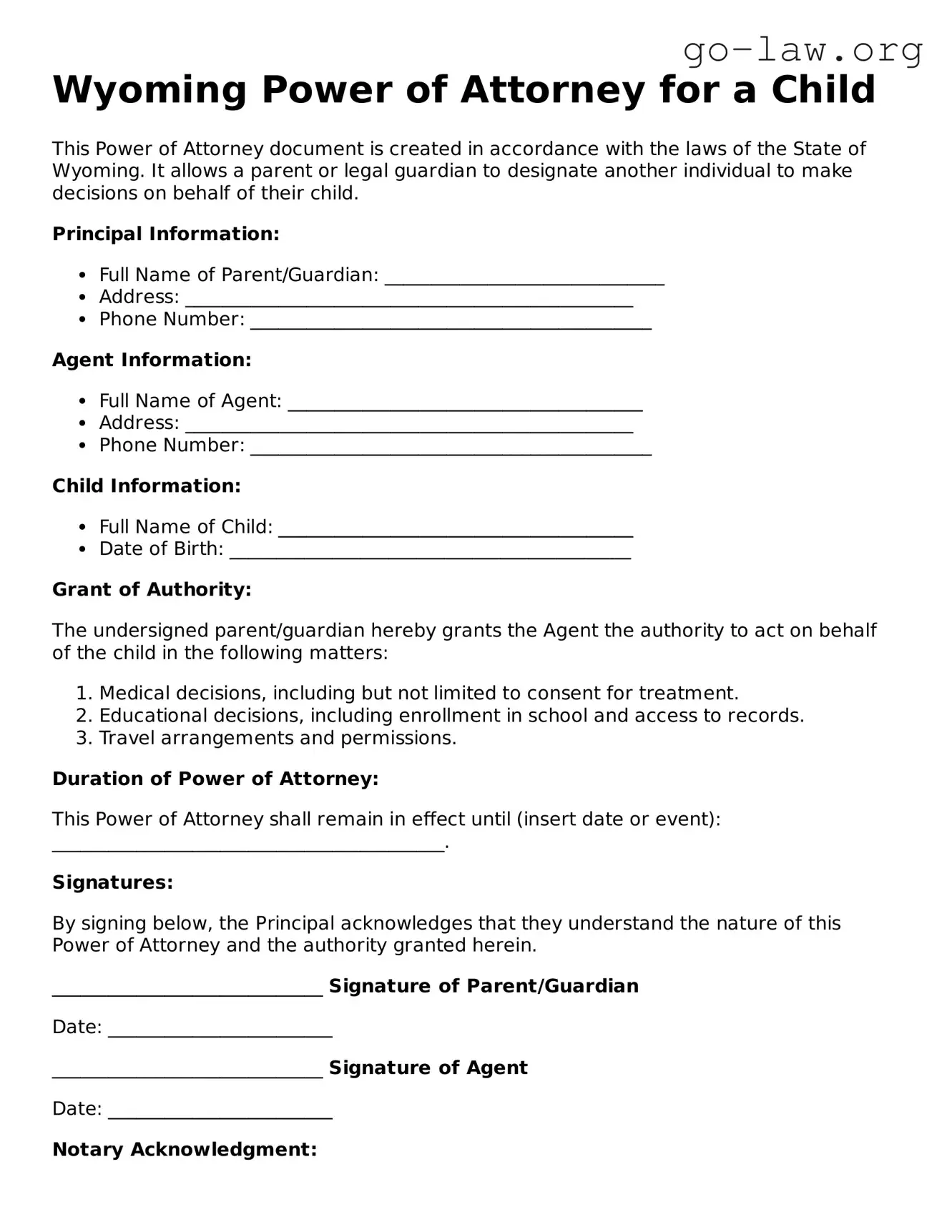 Fillable Wyoming Power of Attorney for a Child Form