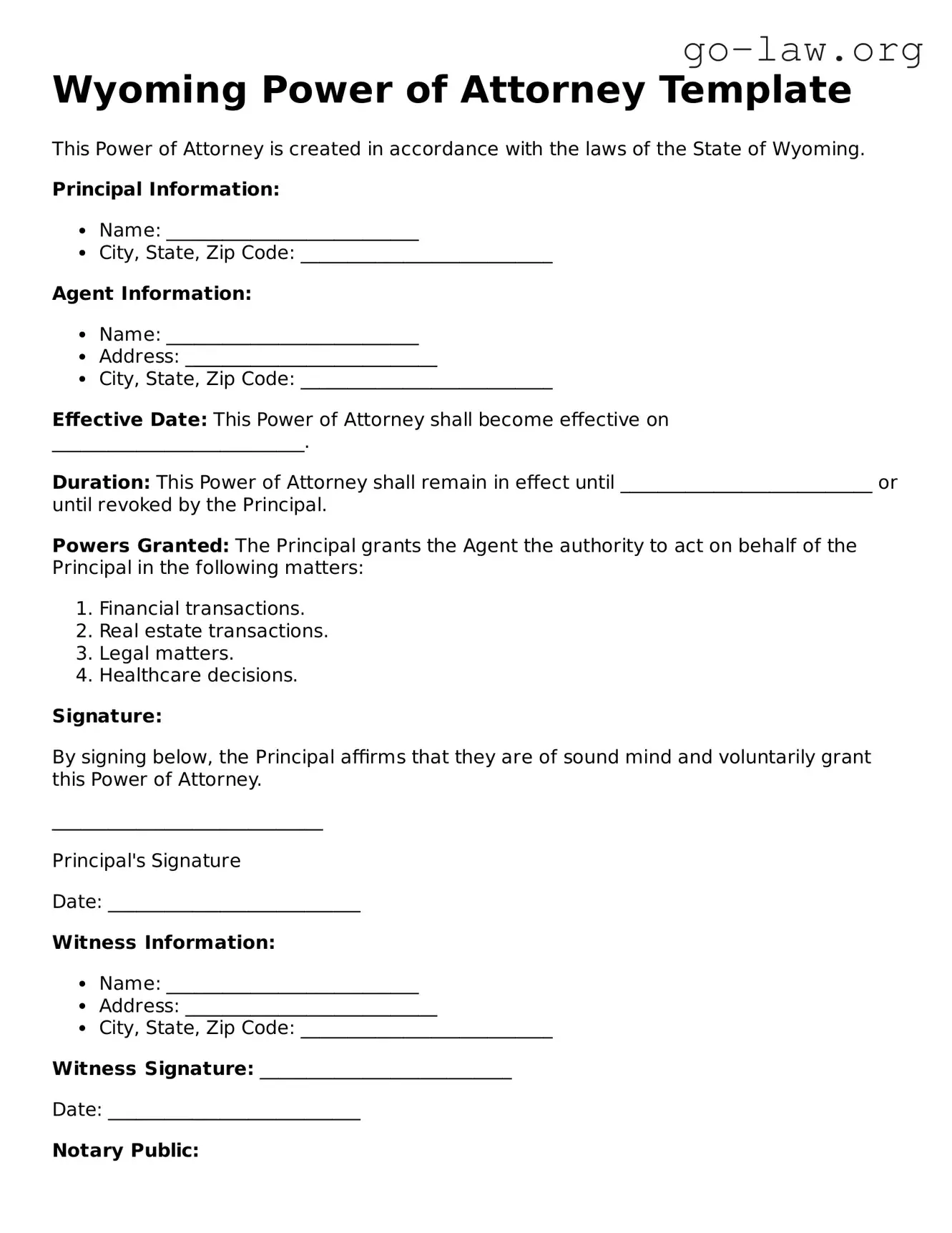 Fillable Wyoming Power of Attorney Form