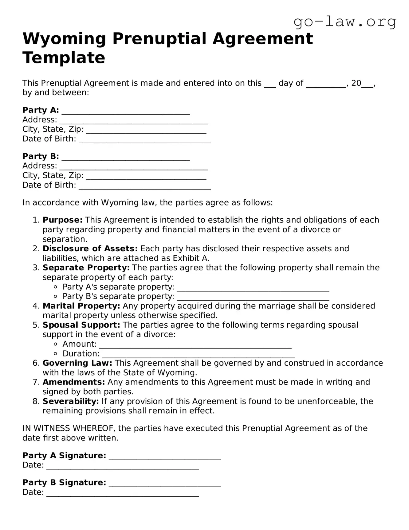 Fillable Wyoming Prenuptial Agreement Form