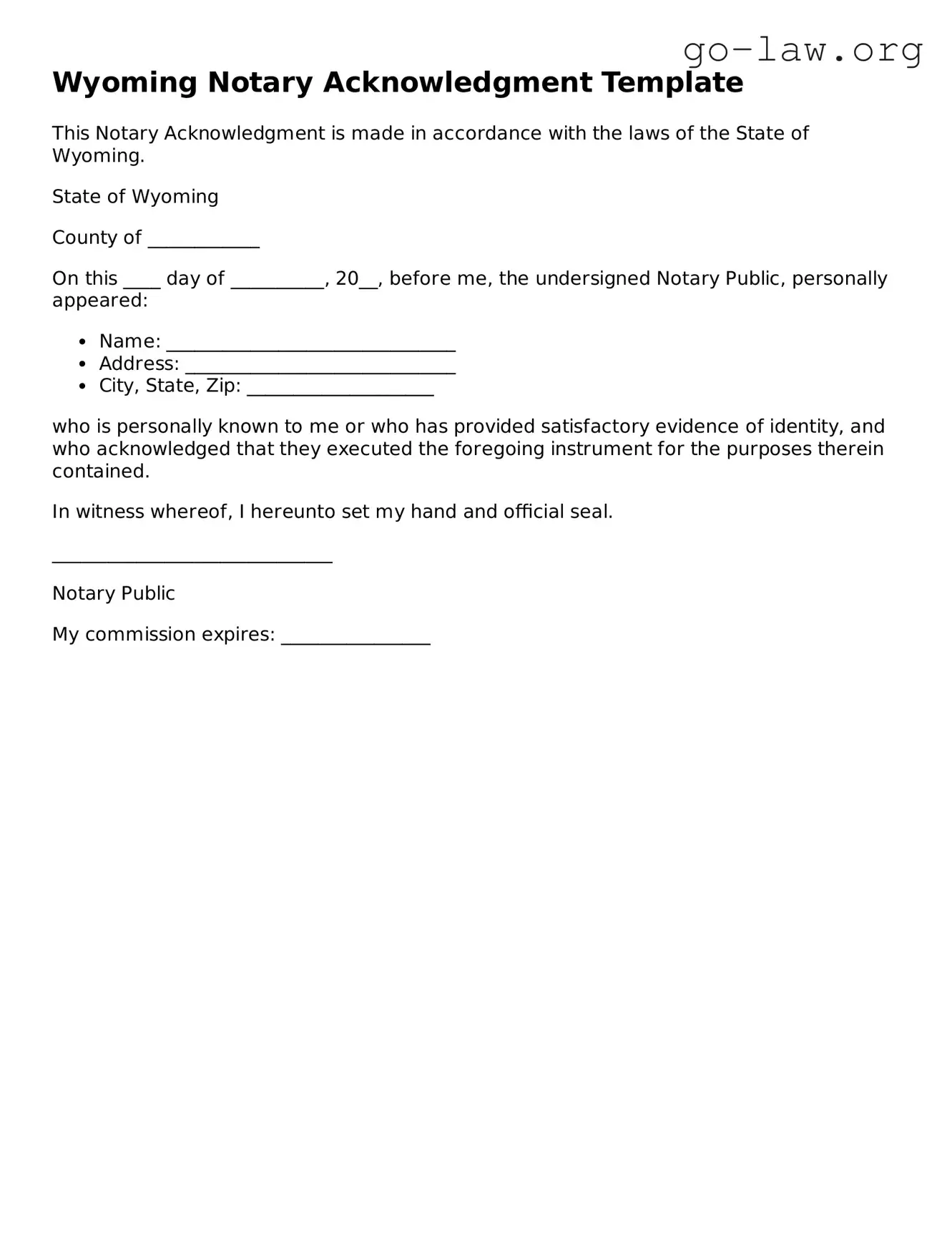 Fillable Wyoming Notary Acknowledgement Form