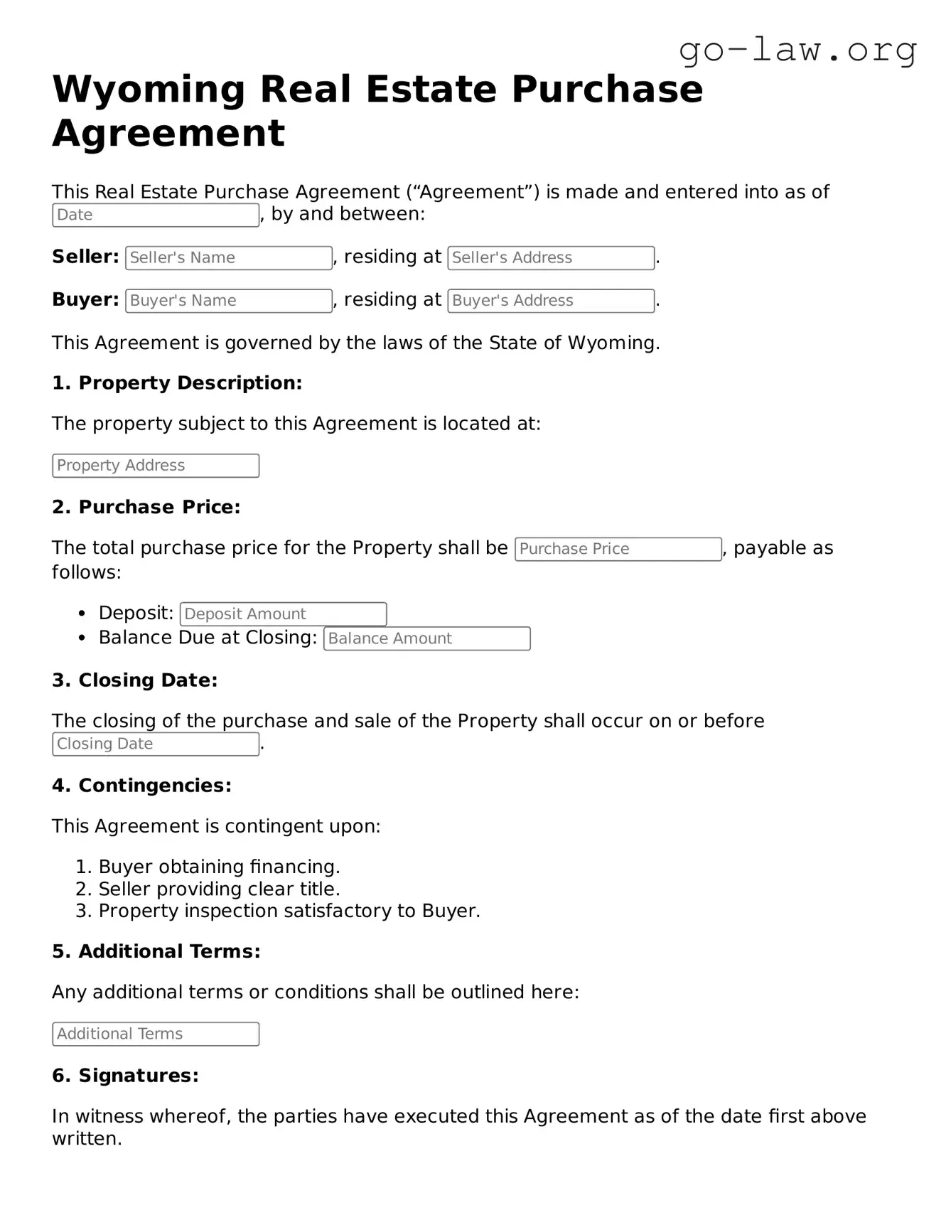 Fillable Wyoming Real Estate Purchase Agreement Form