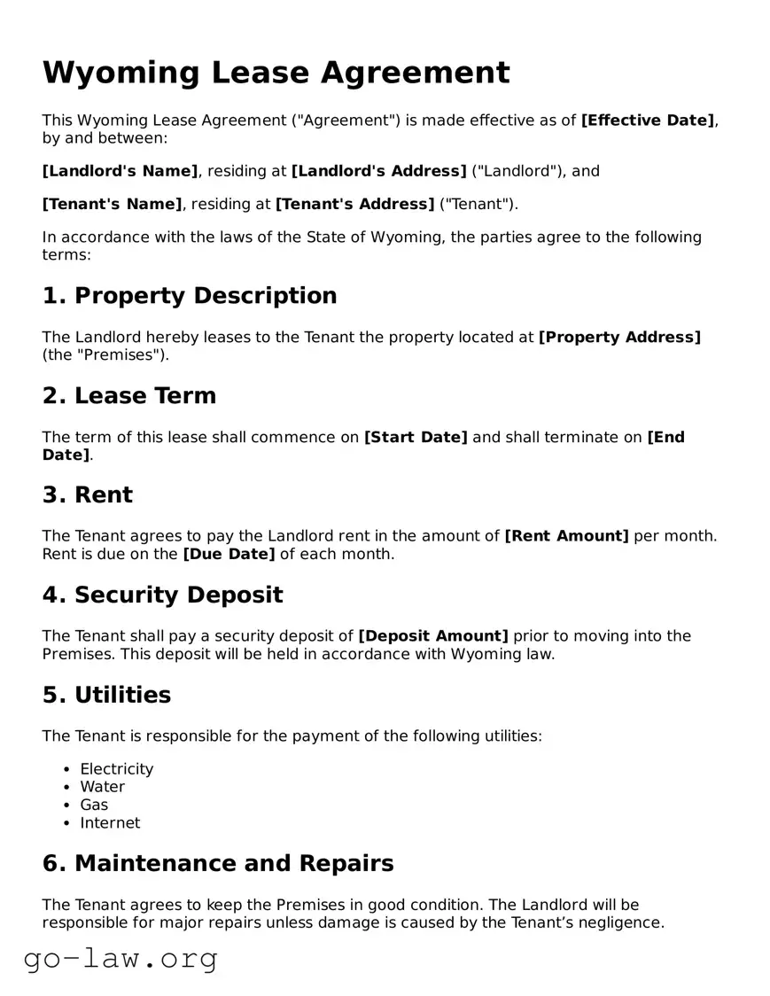 Fillable Wyoming Lease Agreement Form