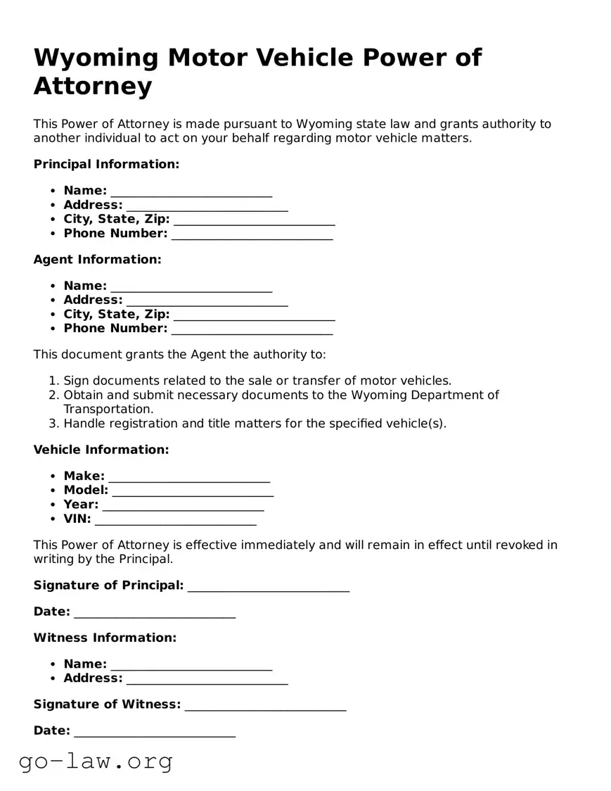 Fillable Wyoming Motor Vehicle Power of Attorney Form